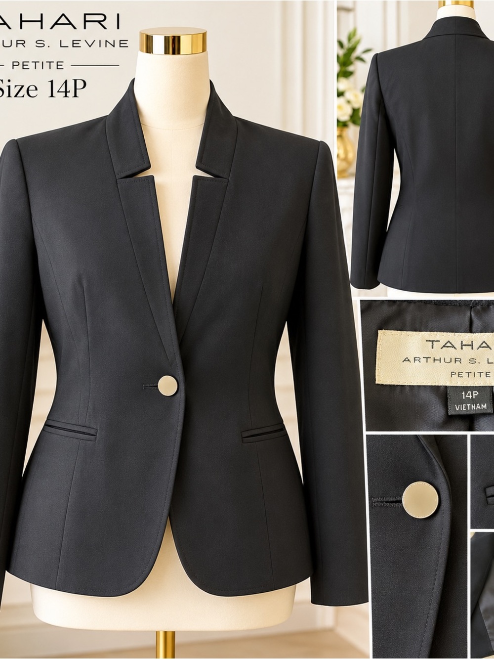 Tahari Black Single-Button Notchless Petite Blazer with Gold Button